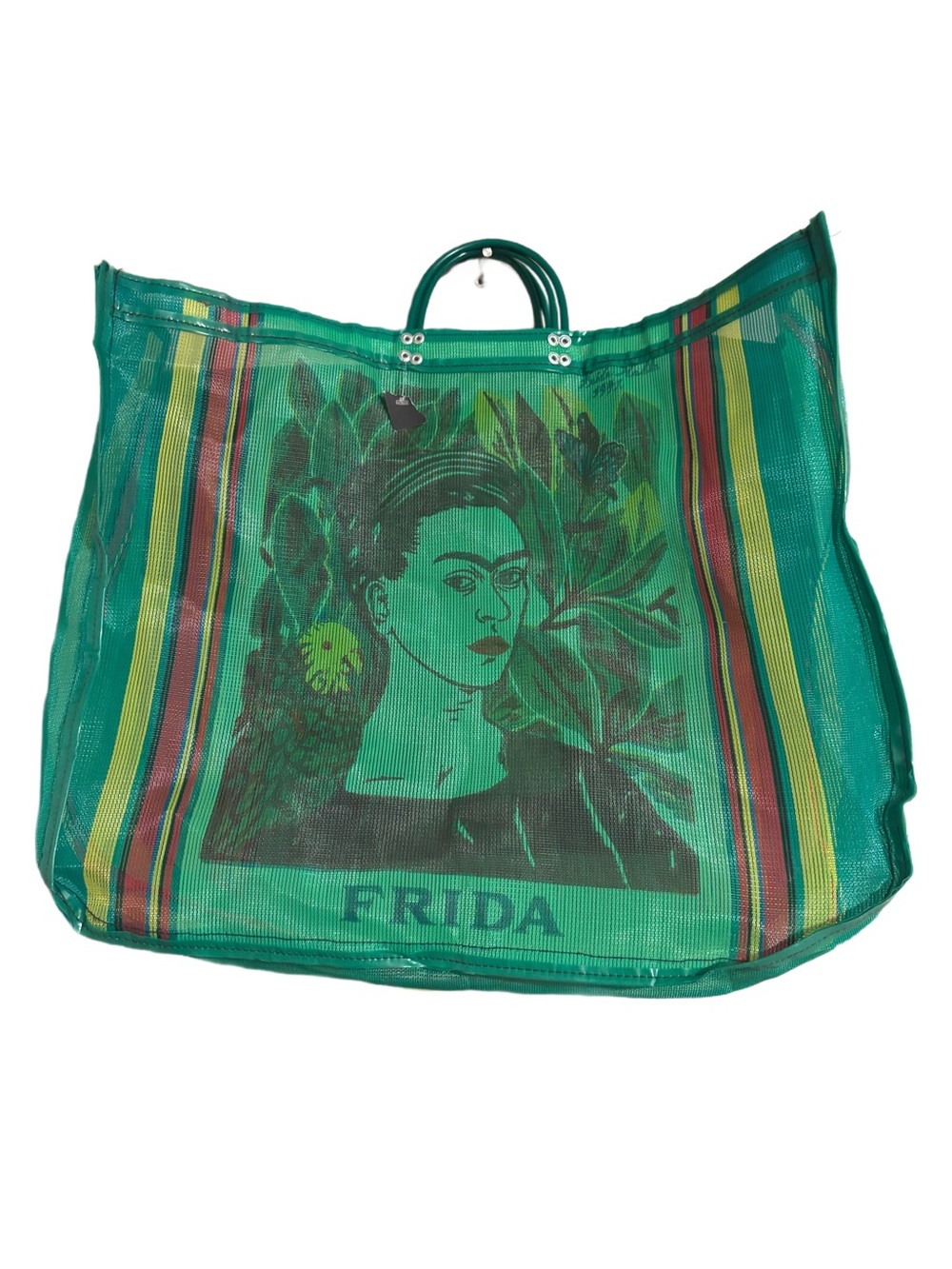 Vintage Frida Kahlo Large 20”x 18” Green Mesh Tote Bag w/ Printed Portrait NWOT